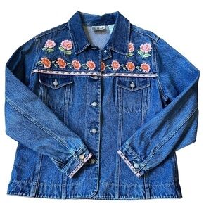 𝅺bill Blass denim jacket, size M, with embroidery and grosgrain ribbon